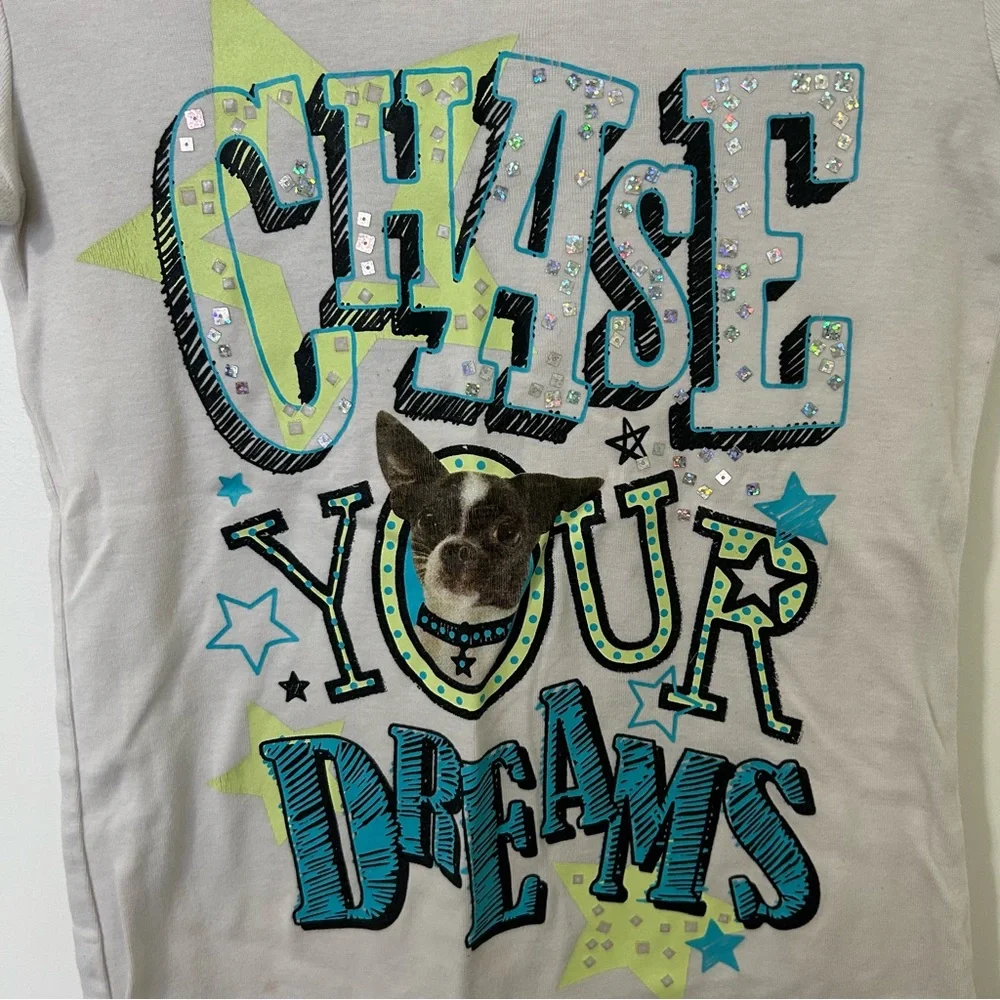 Justice Girls White Tee with Blue Sequins Graphic Dog Chase Your Dreams Size 12 - Picture 2 of 4